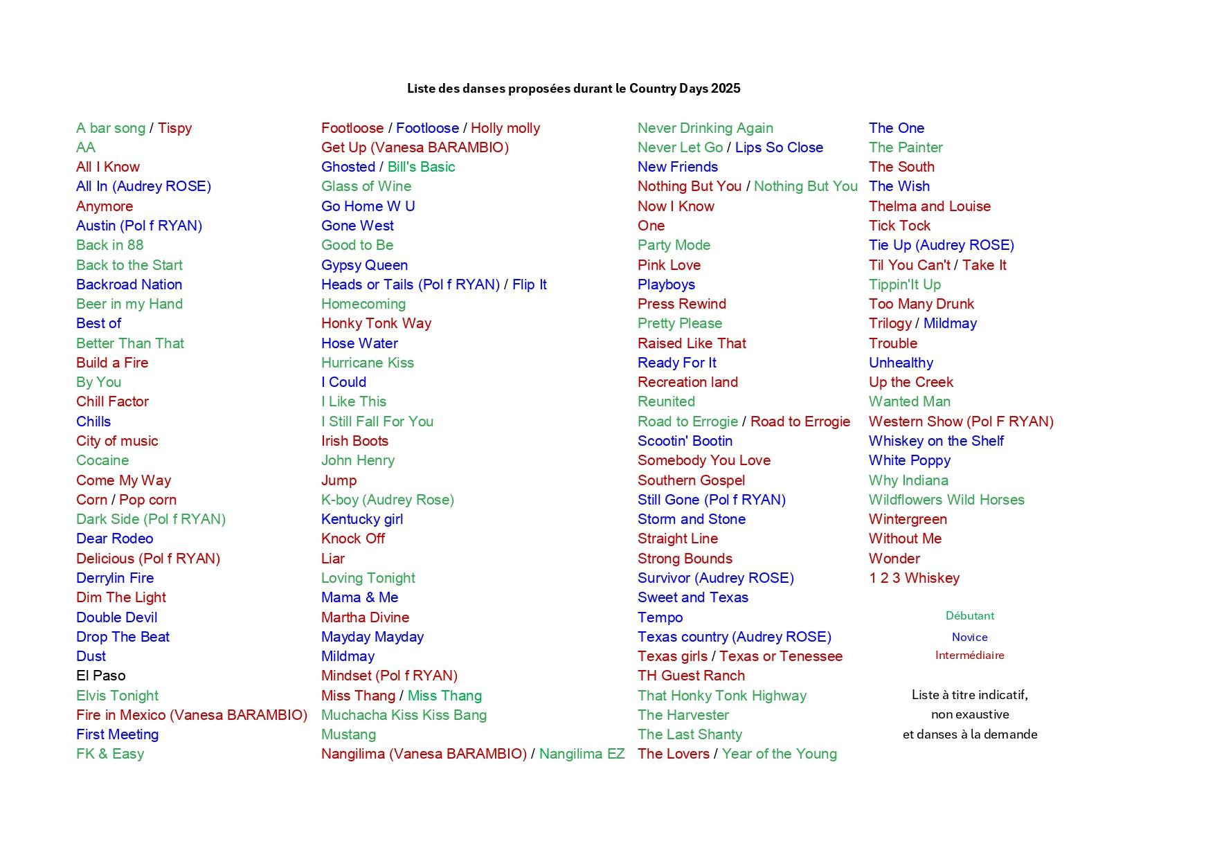 Liste danses proposees country days 2025